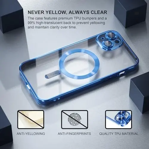 Misea Magnetic for iPhone 15 uchun g'ilof MagSafe bilan mos [Hech qachon sarg'aymaydi] [Harbiy darajadagi tushishdan himoya] To'liq kamera linzalari himoyasi Qoplamali yumshoq shaffof ayollar uchun telefon g'ilofi, to'q ko'k - 3