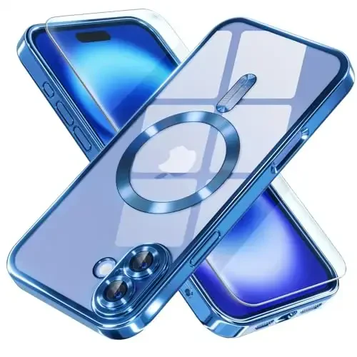 Misea Magnetic for iPhone 16 Case Compatible with MagSafe [Never Yellowing] [Military Grade Drop Protection] Full Camera Lens Protector Plating Soft Clear Phone Case for Women 6.1 inch, Deep Blue 