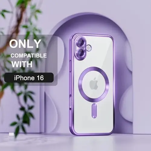Misea Magnetic for iPhone 16 Case Compatible with MagSafe [Never Yellowing] [Military Grade Drop Protection] Full Camera Lens Protector Plating Soft Clear Phone Case for Women 6.1 inch, Deep Purple - MISEA (1)
