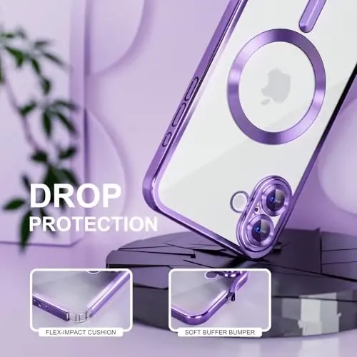 Misea Magnetic for iPhone 16 Case Compatible with MagSafe [Never Yellowing] [Military Grade Drop Protection] Full Camera Lens Protector Plating Soft Clear Phone Case for Women 6.1 inch, Deep Purple - 4