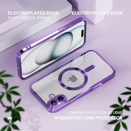 Misea Magnetic for iPhone 16 Case Compatible with MagSafe [Never Yellowing] [Military Grade Drop Protection] Full Camera Lens Protector Plating Soft Clear Phone Case for Women 6.1 inch, Deep Purple - 6