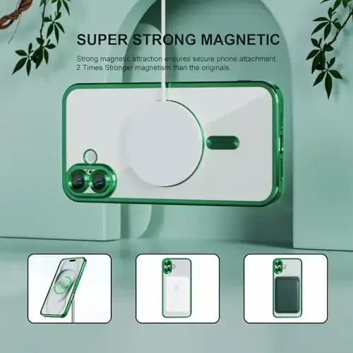 Misea Magnetic for iPhone 16 Case Compatible with MagSafe [Never Yellowing] [Military Grade Drop Protection] Full Camera Lens Protector Plating Soft Clear Phone Case for Women 6.1 inch, Green - 5