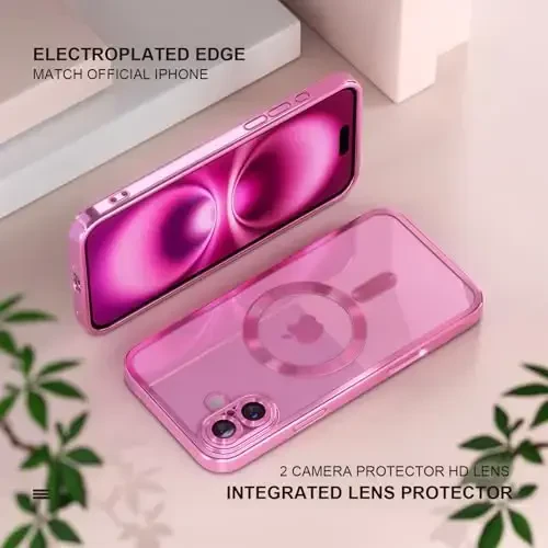 Misea Magnetic for iPhone 16 Case Compatible with MagSafe [Never Yellowing] [Military Grade Drop Protection] Full Camera Lens Protector Plating Soft Clear Phone Case for Women 6.1 inch, Hot Pink - 6