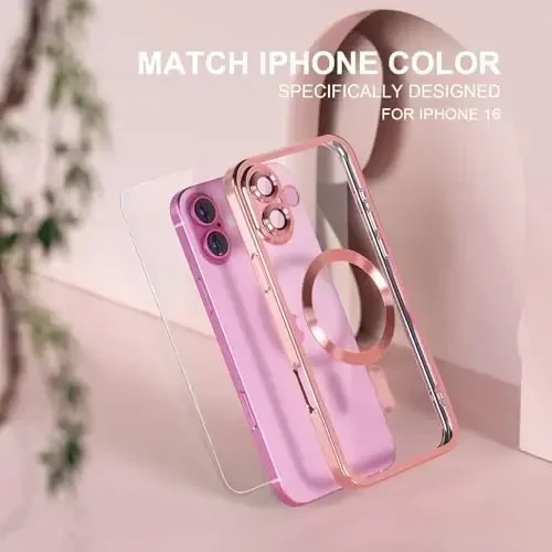 Misea Magnetic for iPhone 16 Case Compatible with MagSafe [Never Yellowing] [Military Grade Drop Protection] Full Camera Lens Protector Plating Soft Clear Phone Case for Women 6.1 inch, Pink - 7