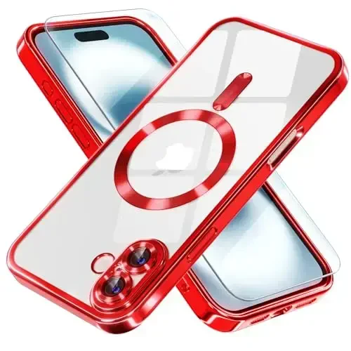 Misea Magnetic for iPhone 16 Case Compatible with MagSafe [Never Yellowing] [Military Grade Drop Protection] Full Camera Lens Protector Plating Soft Clear Phone Case for Women 6.1 inch, Red 