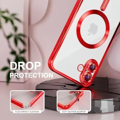 Misea Magnetic for iPhone 16 Case Compatible with MagSafe [Never Yellowing] [Military Grade Drop Protection] Full Camera Lens Protector Plating Soft Clear Phone Case for Women 6.1 inch, Red - 4