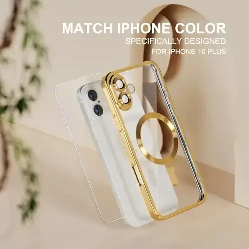 Misea Magnetic for iPhone 16 Plus Case Compatible with MagSafe [Never Yellowing] [Military Grade Drop Protection] Full Camera Lens Protector Plating Soft Clear Phone Case for Women 6.7