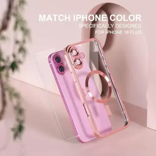 Misea Magnetic for iPhone 16 Plus Case Compatible with MagSafe [Never Yellowing] [Military Grade Drop Protection] Full Camera Lens Protector Plating Soft Clear Phone Case for Women 6.7