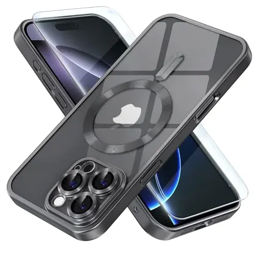 Misea Magnetic for iPhone 16 Pro Case Compatible with MagSafe | Never Yellowing, Military Drop Protection, Full Camera Lens Protector Plating Soft Clear Phone Case for Women, Titanium Black - MISEA