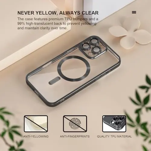 Misea Magnetic for iPhone 16 Pro Case Compatible with MagSafe [Never Yellowing] [Military Grade Drop Protection] Full Camera Lens Protector Plating Soft Clear Phone Case for Women, Titanium Black - 3