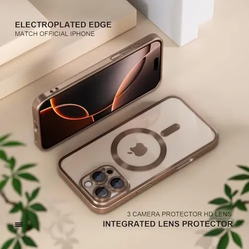 Misea Magnetic for iPhone 16 Pro Case Compatible with MagSafe [Never Yellowing] [Military Grade Drop Protection] Full Camera Lens Protector Plating Soft Clear Phone Case for Women, Titanium Desert - 6