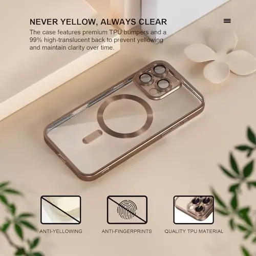 Misea Magnetic for iPhone 16 Pro Case Compatible with MagSafe [Never Yellowing] [Military Grade Drop Protection] Full Camera Lens Protector Plating Soft Clear Phone Case for Women, Titanium Desert - 3
