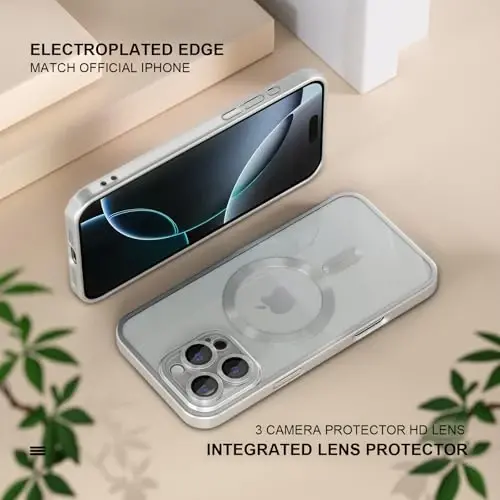 Misea Magnetic for iPhone 16 Pro Case Compatible with MagSafe [Never Yellowing] [Military Grade Drop Protection] Full Camera Lens Protector Plating Soft Clear Phone Case for Women, Titanium Silver - 6
