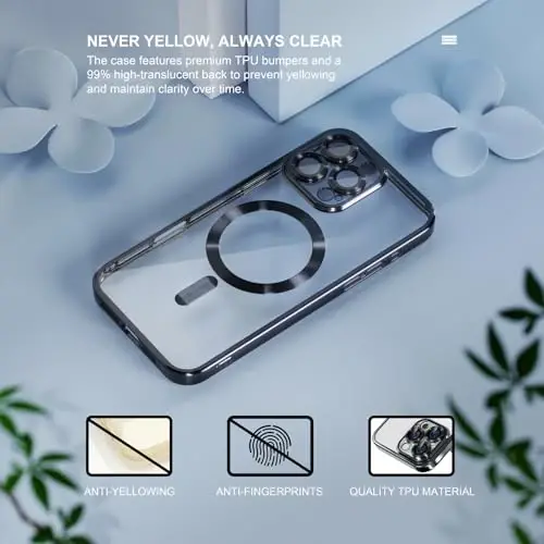 Misea Magnetic for iPhone 16 Pro Max Case Compatible with MagSafe Black | [Never Yellowing] [Military Drop Protection] Full Camera Lens Protector Plating Soft Clear Phone Case for Women, Black - 3