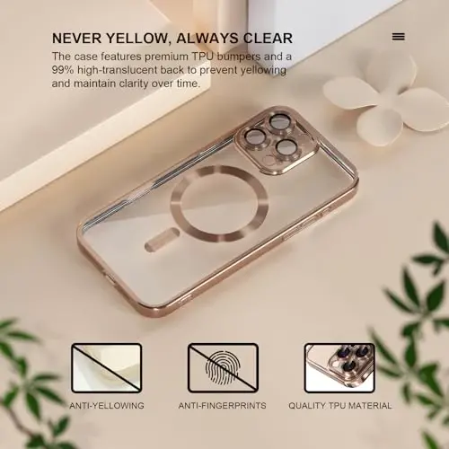 Misea Magnetic for iPhone 16 Pro Max Case Compatible with MagSafe [Never Yellowing] [Military Grade Drop Protection] Full Camera Lens Protector Plating Soft Clear Phone Case for Women 6.9