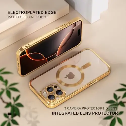Misea Magnetic for iPhone 16 Pro Max Case Compatible with MagSafe Gold | [Never Yellowing] [Military Drop Protection] Full Camera Lens Protector Plating Soft Clear Phone Case for Women, Gold 