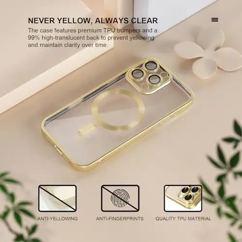 Misea Magnetic for iPhone 16 Pro Max Case Compatible with MagSafe [Never Yellowing] [Military Grade Drop Protection] Full Camera Lens Protector Plating Soft Clear Phone Case for Women, Titanium Gold - 3