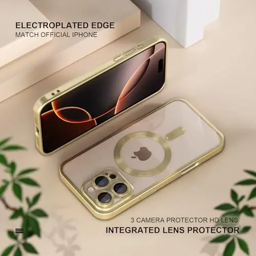 Misea Magnetic for iPhone 16 Pro Max Case Compatible with MagSafe [Never Yellowing] [Military Grade Drop Protection] Full Camera Lens Protector Plating Soft Clear Phone Case for Women, Titanium Gold - 6
