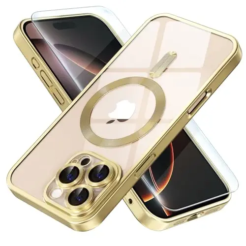 Misea Magnetic for iPhone 16 Pro Max Case Compatible with MagSafe [Never Yellowing] [Military Grade Drop Protection] Full Camera Lens Protector Plating Soft Clear Phone Case for Women, Titanium Gold - 1