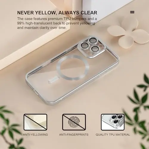 Misea Magnetic for iPhone 16 Pro Max Case Compatible with MagSafe [Never Yellowing] [Military Grade Drop Protection] Full Camera Lens Protector Plating Soft Clear Phone Case for Women, Titanium Silver - 3