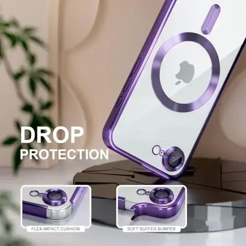 Misea Magnetic for iPhone 16e Case Compatible with MagSafe [Never Yellowing] [Military Grade Drop Protection] Full Camera Lens Protector Plating Soft Clear Phone Case for Women 6.1 inch, Deep Purple - 4