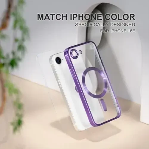 Misea Magnetic for iPhone 16e Case Compatible with MagSafe [Never Yellowing] [Military Grade Drop Protection] Full Camera Lens Protector Plating Soft Clear Phone Case for Women 6.1 inch, Deep Purple - 7