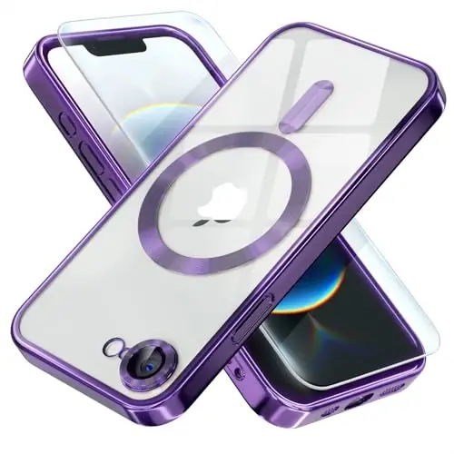 Misea Magnetic for iPhone 16e Case Compatible with MagSafe [Never Yellowing] [Military Grade Drop Protection] Full Camera Lens Protector Plating Soft Clear Phone Case for Women 6.1 inch, Deep Purple - MISEA