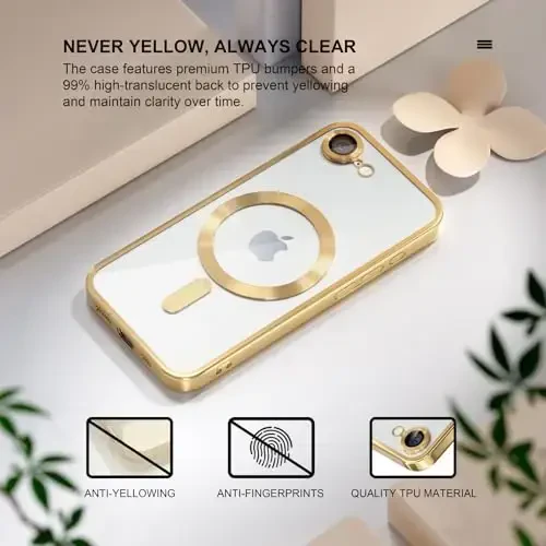 Misea Magnetic for iPhone 16e Case Compatible with MagSafe [Never Yellowing] [Military Grade Drop Protection] Full Camera Lens Protector Plating Soft Clear Phone Case for Women 6.1 inch, Gold - 3