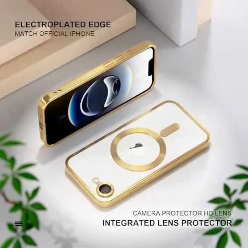 Misea Magnetic for iPhone 16e Case Compatible with MagSafe [Never Yellowing] [Military Grade Drop Protection] Full Camera Lens Protector Plating Soft Clear Phone Case for Women 6.1 inch, Gold - 6