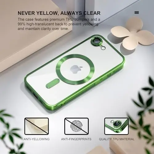 Misea Magnetic for iPhone 16e Case Compatible with MagSafe [Never Yellowing] [Military Grade Drop Protection] Full Camera Lens Protector Plating Soft Clear Phone Case for Women 6.1 inch, Green - 3