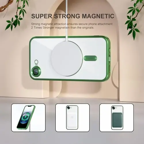 Misea Magnetic for iPhone 16e Case Compatible with MagSafe [Never Yellowing] [Military Grade Drop Protection] Full Camera Lens Protector Plating Soft Clear Phone Case for Women 6.1 inch, Green - 5