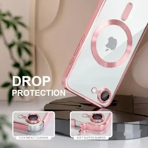 Misea Magnetic for iPhone 16e Case Compatible with MagSafe [Never Yellowing] [Military Grade Drop Protection] Full Camera Lens Protector Plating Soft Clear Phone Case for Women 6.1 inch, Pink - 4
