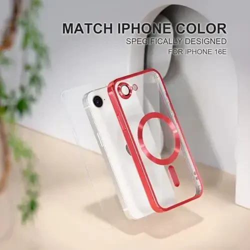 Misea Magnetic for iPhone 16e Case Compatible with MagSafe [Never Yellowing] [Military Grade Drop Protection] Full Camera Lens Protector Plating Soft Clear Phone Case for Women 6.1 inch, Red - 7
