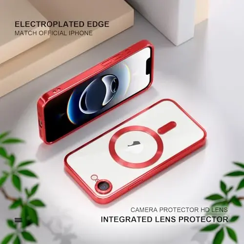 Misea Magnetic for iPhone 16e Case Compatible with MagSafe [Never Yellowing] [Military Grade Drop Protection] Full Camera Lens Protector Plating Soft Clear Phone Case for Women 6.1 inch, Red - 6