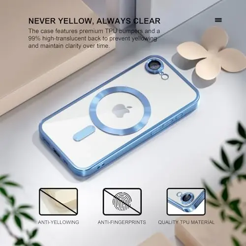 Misea Magnetic for iPhone 16e Case Compatible with MagSafe [Never Yellowing] [Military Grade Drop Protection] Full Camera Lens Protector Plating Soft Clear Phone Case for Women 6.1 inch, Sierra Blue - 3