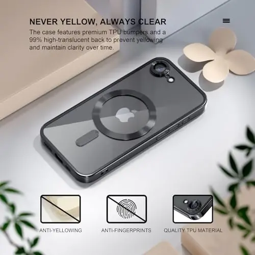 Misea Magnetic for iPhone 16e Case, MagSafe bilan mos [Hech qachon sarg'aymaydi] [Harbiy darajadagi tushishdan himoya] To'liq kamera linzalari himoyachisi, ayollar uchun yumshoq shaffof telefon g'ilofi 6,1 dyuym, qora - 3