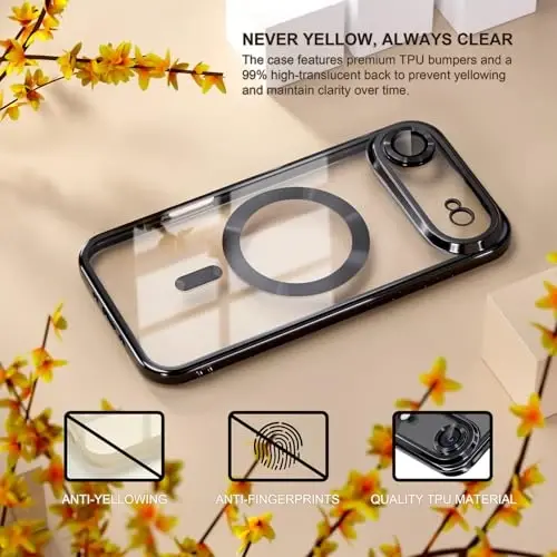 Misea Magnetic for iPhone 17 Air Case Compatible with MagSafe [Never Yellowing] [Military Grade Drop Protection] Full Camera Lens Protector Plating Soft Clear Phone Case for Women, Black - 3