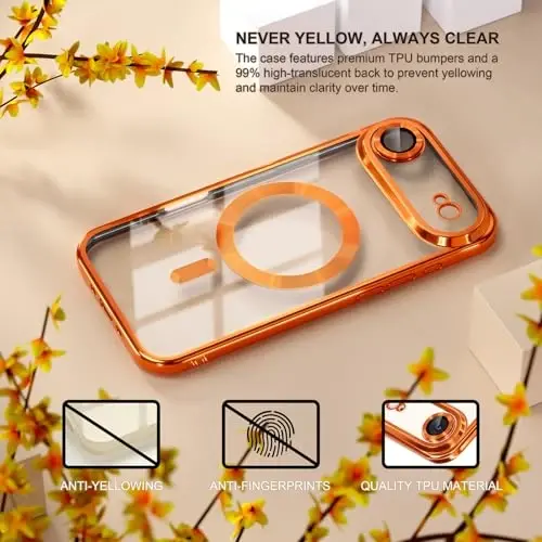 Misea Magnetic for iPhone 17 Air Case Compatible with MagSafe [Never Yellowing] [Military Grade Drop Protection] Full Camera Lens Protector Plating Soft Clear Phone Case for Women, Cosmic Orange - 3