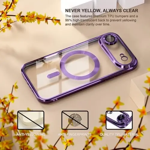 Misea Magnetic for iPhone 17 Air Case Compatible with MagSafe [Never Yellowing] [Military Grade Drop Protection] Full Camera Lens Protector Plating Soft Clear Phone Case for Women, Deep Purple - 3