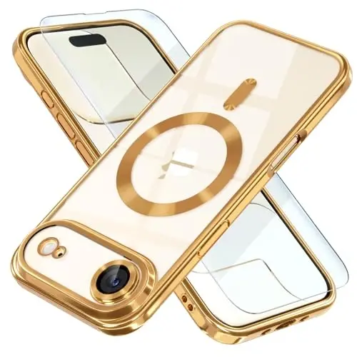 Misea Magnetic for iPhone 17 Air Case Compatible with MagSafe [Never Yellowing] [Military Grade Drop Protection] Full Camera Lens Protector Plating Soft Clear Phone Case for Women, Gold - 1
