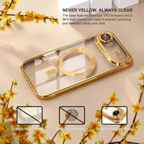 Misea Magnetic for iPhone 17 Air Case Compatible with MagSafe [Never Yellowing] [Military Grade Drop Protection] Full Camera Lens Protector Plating Soft Clear Phone Case for Women, Gold - 3