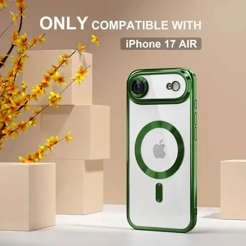 Misea Magnetic for iPhone 17 Air Case Compatible with MagSafe [Never Yellowing] [Military Grade Drop Protection] Full Camera Lens Protector Plating Soft Clear Phone Case for Women, Green - MISEA (1)