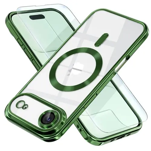 Misea Magnetic for iPhone 17 Air Case Compatible with MagSafe [Never Yellowing] [Military Grade Drop Protection] Full Camera Lens Protector Plating Soft Clear Phone Case for Women, Green 