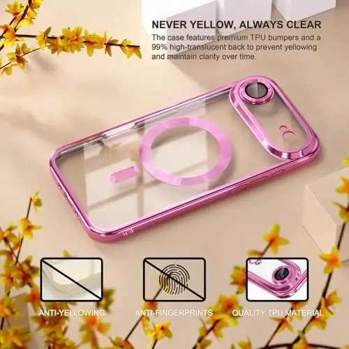 Misea Magnetic for iPhone 17 Air Case Compatible with MagSafe [Never Yellowing] [Military Grade Drop Protection] Full Camera Lens Protector Plating Soft Clear Phone Case for Women, Hot Pink - 3