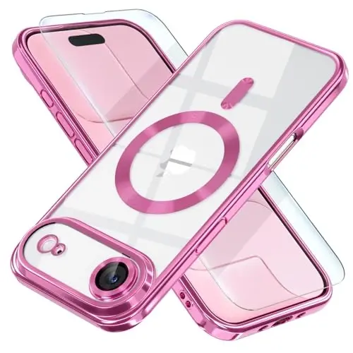 Misea Magnetic for iPhone 17 Air Case Compatible with MagSafe [Never Yellowing] [Military Grade Drop Protection] Full Camera Lens Protector Plating Soft Clear Phone Case for Women, Hot Pink 