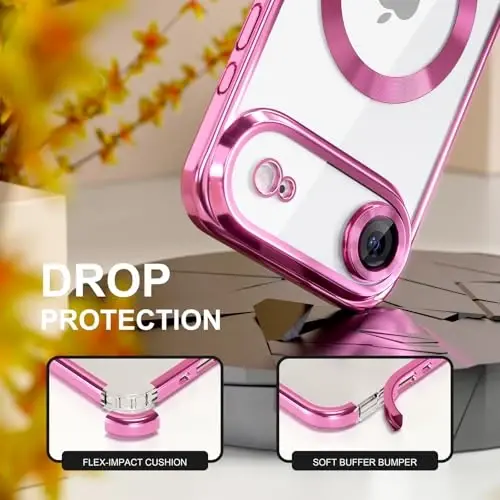 Misea Magnetic for iPhone 17 Air Case Compatible with MagSafe [Never Yellowing] [Military Grade Drop Protection] Full Camera Lens Protector Plating Soft Clear Phone Case for Women, Hot Pink - 4