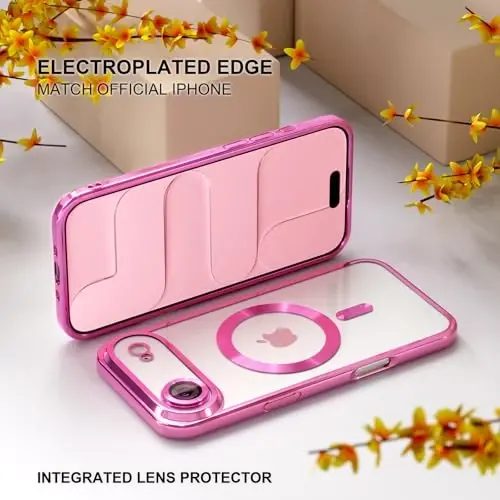 Misea Magnetic for iPhone 17 Air Case Compatible with MagSafe [Never Yellowing] [Military Grade Drop Protection] Full Camera Lens Protector Plating Soft Clear Phone Case for Women, Hot Pink - 6
