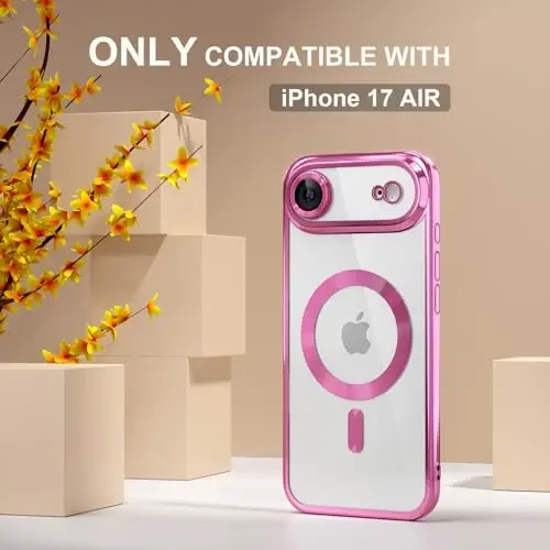 Misea Magnetic for iPhone 17 Air Case Compatible with MagSafe [Never Yellowing] [Military Grade Drop Protection] Full Camera Lens Protector Plating Soft Clear Phone Case for Women, Hot Pink - MISEA (1)