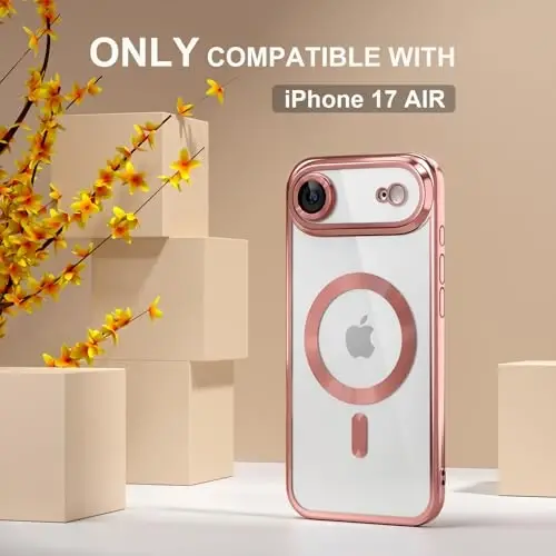 Misea Magnetic for iPhone 17 Air Case Compatible with MagSafe [Never Yellowing] [Military Grade Drop Protection] Full Camera Lens Protector Plating Soft Clear Phone Case for Women, Pink - MISEA (1)