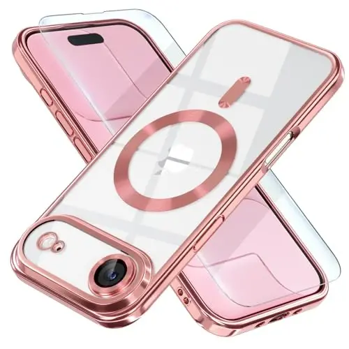 Misea Magnetic for iPhone 17 Air Case Compatible with MagSafe [Never Yellowing] [Military Grade Drop Protection] Full Camera Lens Protector Plating Soft Clear Phone Case for Women, Pink - MISEA